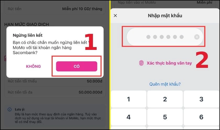 Nhấn C&oacute; v&agrave; nhập mật khẩu c&agrave;i đặt tr&ecirc;n MoMo