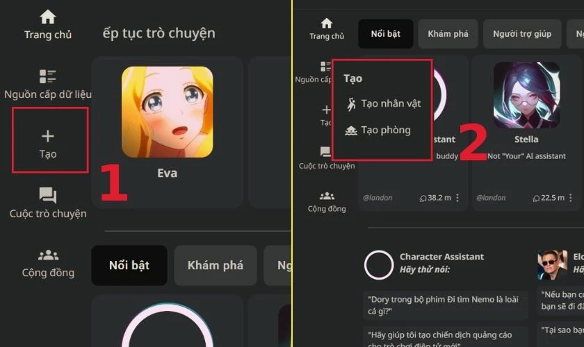 Chọn biểu tượng dấu + Tạo nh&acirc;n vật