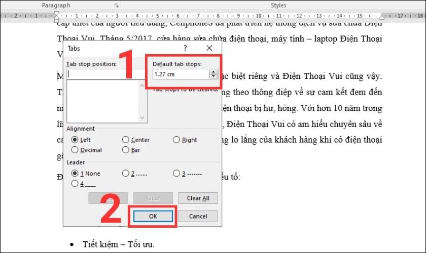Chọn khoảng cách muốn thụt đầu dòng và nhấn OK