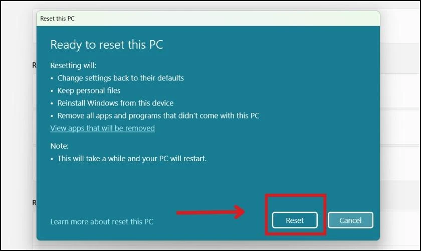 Nhấn reset laptop windows 11 về trạng th&aacute;i ban đầu 