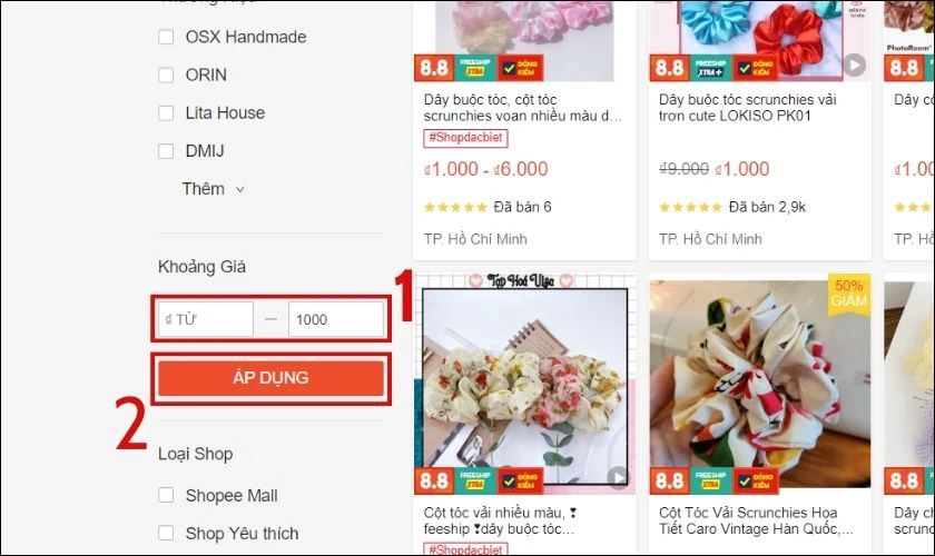 K&eacute;o xuống đến phần Khoảng gi&aacute;, bạn nhập mức gi&aacute; từ 0 - 1000 đồng