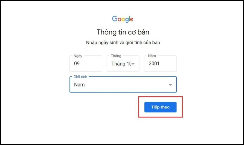 Nhập ng&agrave;y th&aacute;ng năm sinh của m&igrave;nh v&agrave; nhấn mục Tiếp theo