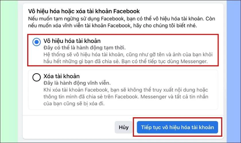 Chọn mục V&ocirc; hiệu ho&aacute; t&agrave;i khoản, nhấn Tiếp tục v&ocirc; hiệu ho&aacute; t&agrave;i khoản