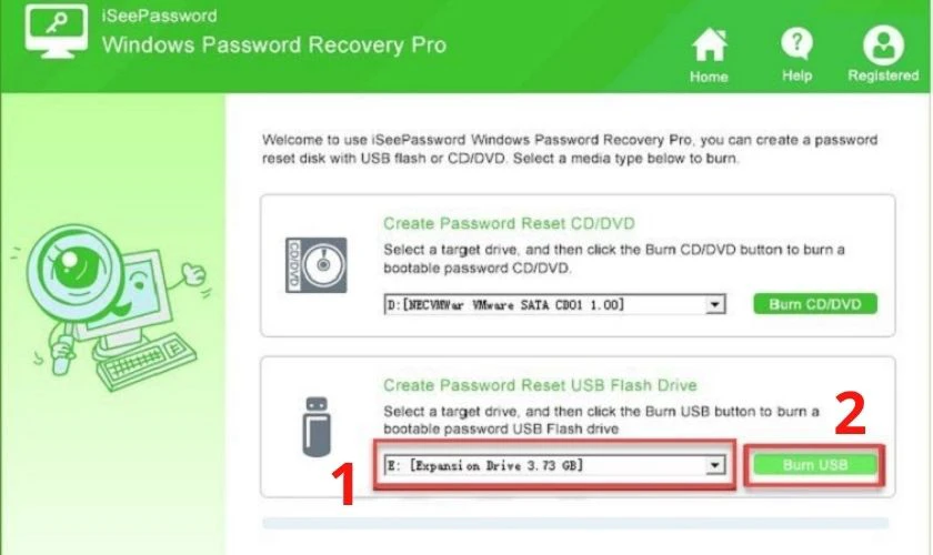 Lúc này trên giao diện của IseePassword bạn chọn tên USB vừa cắm vào. Sau đó nhấn Burn USB