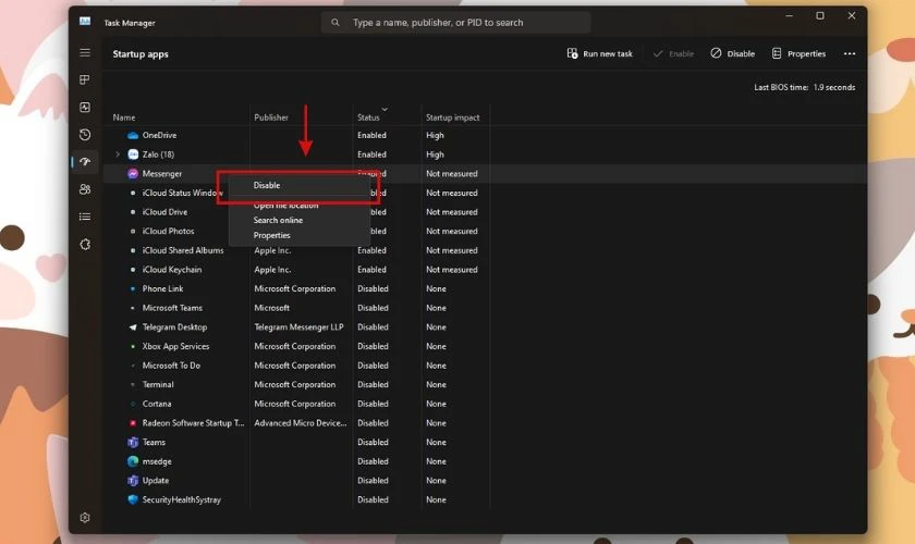 Nhấp chuột chọn app muốn tắt cùng Windows và nhấn Disable