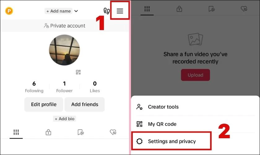 Chọn biểu tượng 3 gạch ngang v&agrave; nhấn v&agrave;o Settings and Privacy
