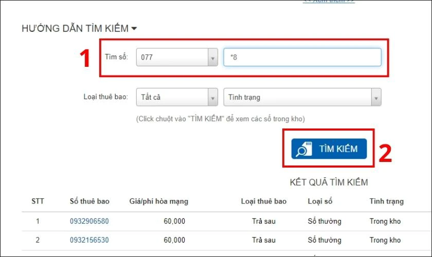 Chọn 077 v&agrave; tại mục T&igrave;m số, nhập 8* v&agrave;o &ocirc; Số cần t&igrave;m