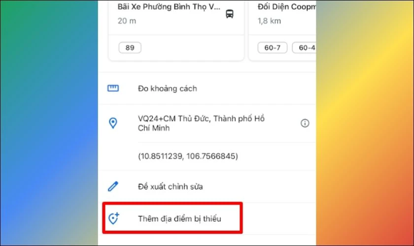 Tìm chọn mục Thêm địa điểm bị thiếu