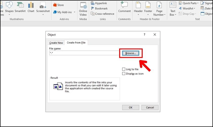 Chọn Browse để mở thư mục c&oacute; file PDF cần ch&egrave;n v&agrave;o Word 