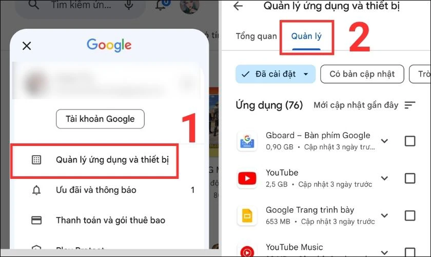 Chọn vào mục Quản lý các ứng dụng