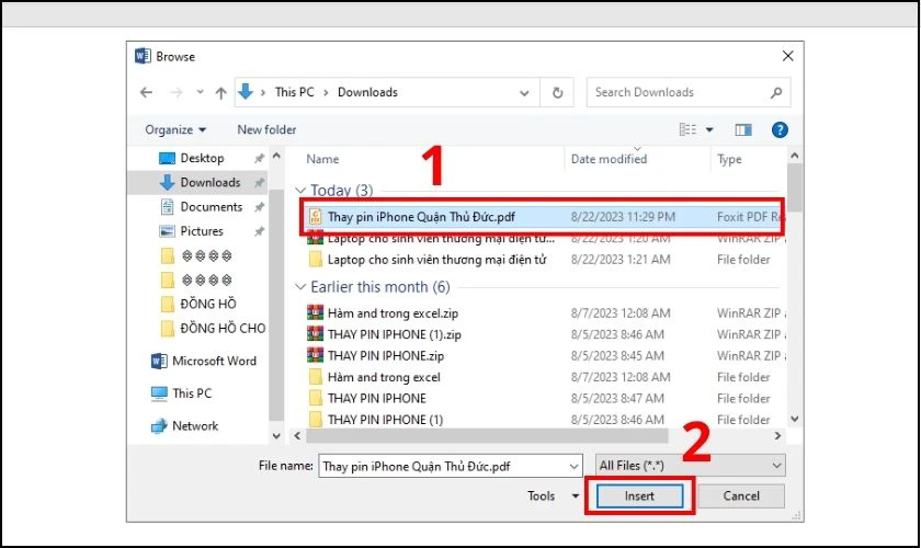 Chọn file PDF cần ch&egrave;n v&agrave;o Word v&agrave; nhấn Insert