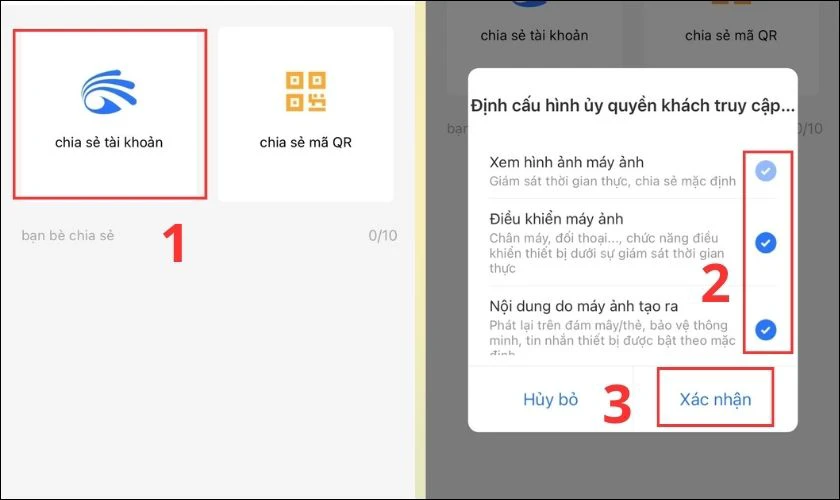 Thiết lập quyền đối với camera m&agrave; bạn muốn chia sẻ cho t&agrave;i khoản kh&aacute;c