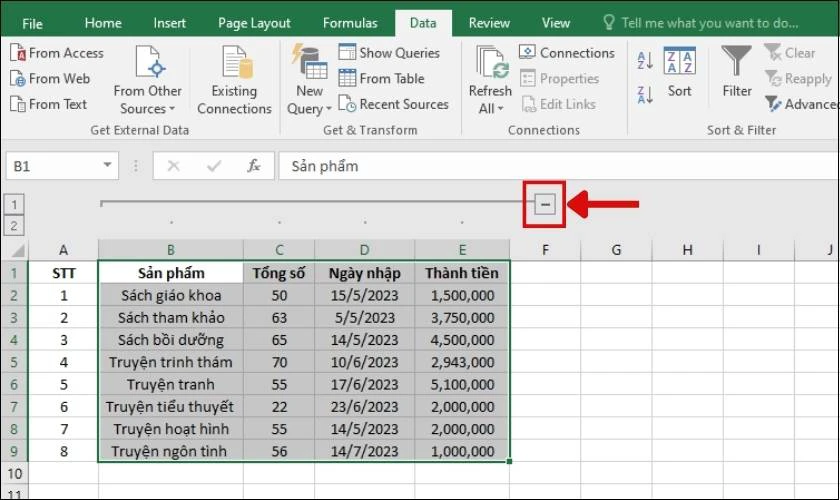 Nhấn dấu trừ để thực hiện cách ẩn 1 hoặc nhiều cột trong excel không cho chỉnh sửa