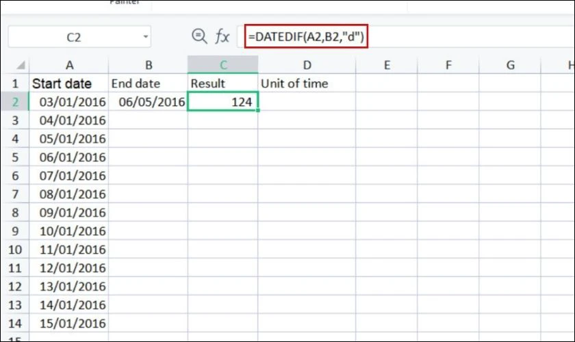 Công thức tính số ngày chênh lệch của hàm DATEDIF
