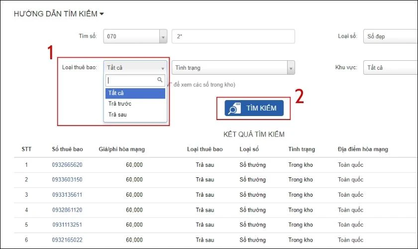 Chọn sim trả trước hoặc trả sau ở mục Tất cả v&agrave; nhấn lệnh T&igrave;m kiếm