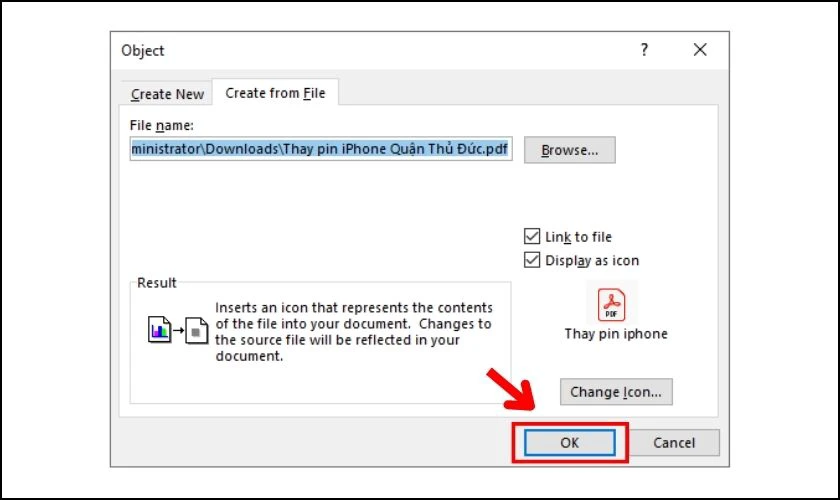 Nhấn Ok để ch&egrave;n file PDF v&agrave;o Word dạng li&ecirc;n kết 