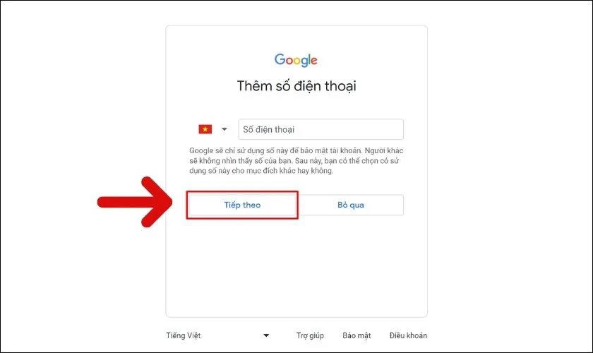 Th&ecirc;m số điện thoại v&agrave; chọn Tiếp theo