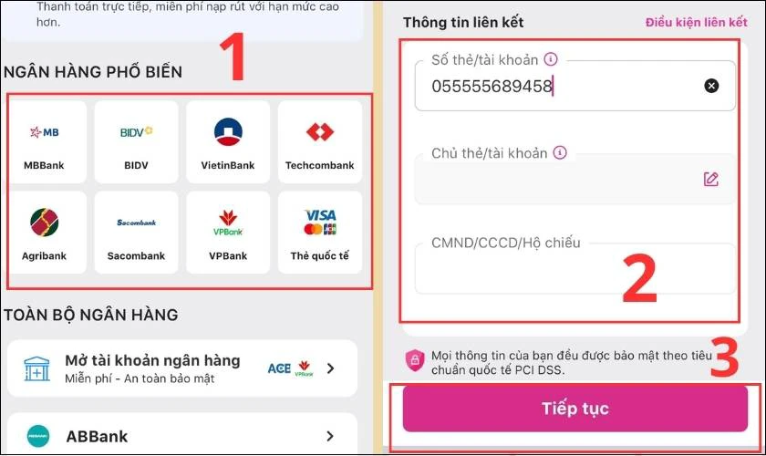 Chọn ng&acirc;n h&agrave;ng, nhập Số t&agrave;i khoản v&agrave; th&ocirc;ng tin