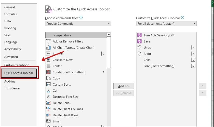 Chọn vào Quick Access Toolbar