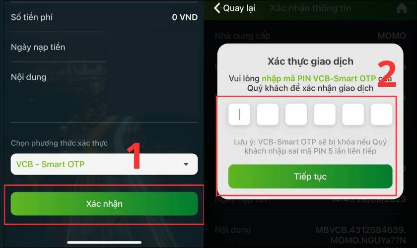 Chọn X&aacute;c nhận v&agrave; nhập m&atilde; OTP tr&ecirc;n app ng&acirc;n h&agrave;ng