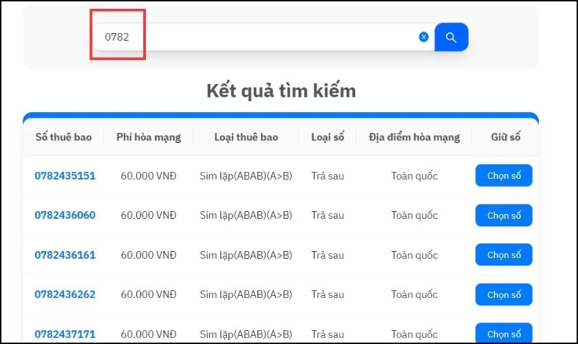 Nhập 0782 vào thanh tìm kiếm