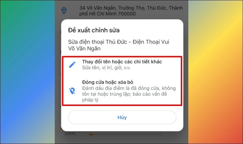 Lựa chọn thông tin cần chỉnh sửa hoặc cập nhật