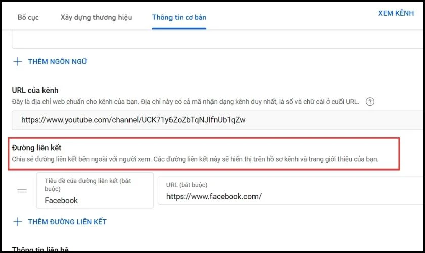 Vuốt xuống tại mục Đường li&ecirc;n kết để th&ecirc;m c&aacute;c li&ecirc;n kết mạng x&atilde; hội
