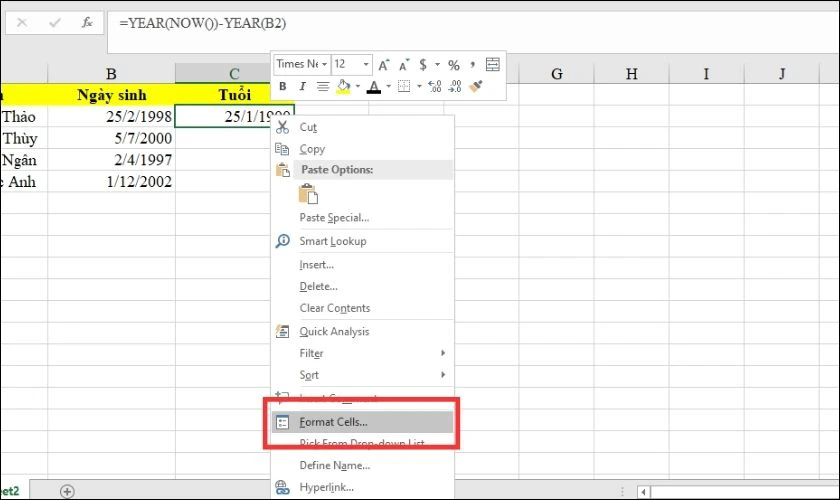Bạn bôi đen vùng chứa kết quả sau đó nhấp chuột phải chọn Format Cells