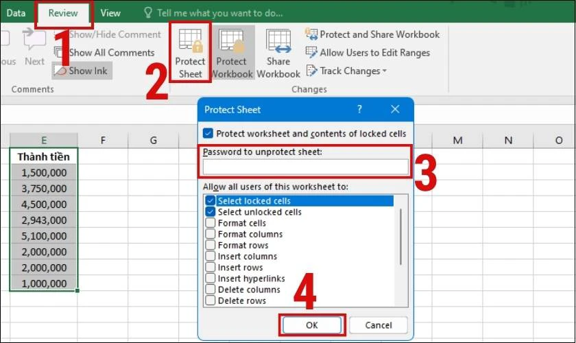 Nhấn ok để đặt mật khẩu cho cột excel