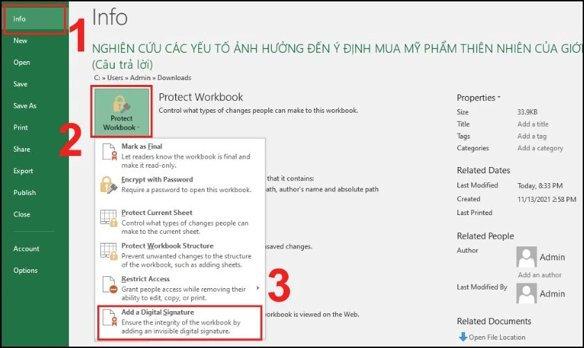 Chọn Info và chọn mục Protect Workbook