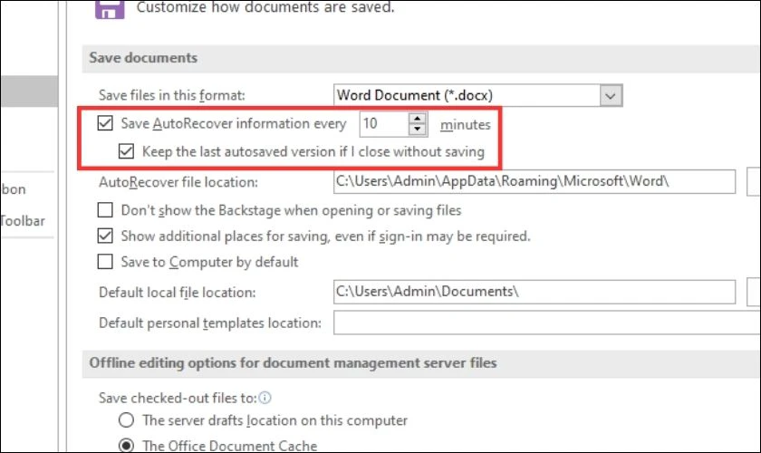 Tại đây bật tính năng Autosave và Auto Recover