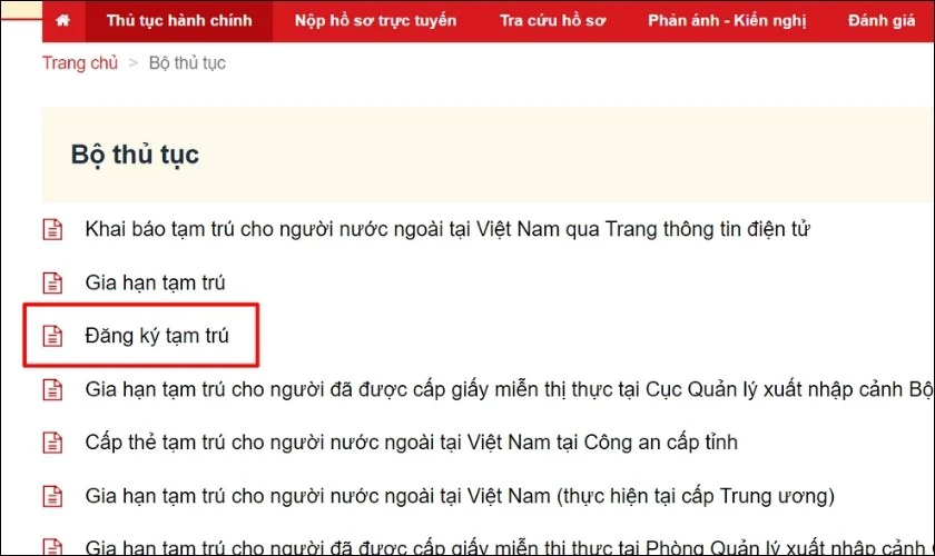 Tìm chọn mục Đăng ký tạm trú