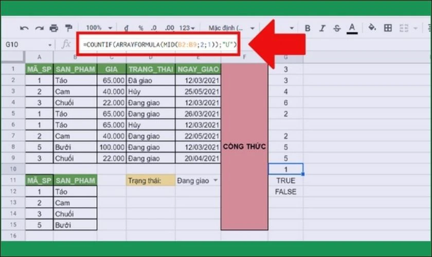 Ví dụ khi kết hợp hàm COUNTIF với hàm MID
