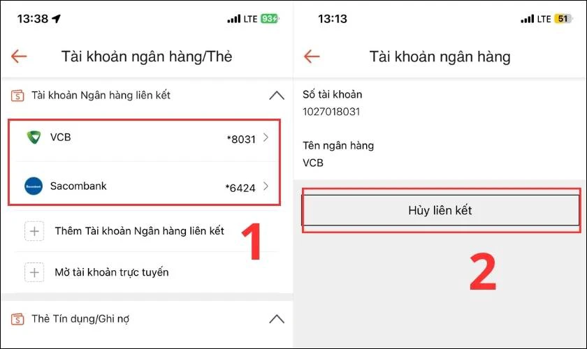 Nhấn Hủy li&ecirc;n kết ở t&ecirc;n t&agrave;i khoản ng&acirc;n h&agrave;ng muốn hủy