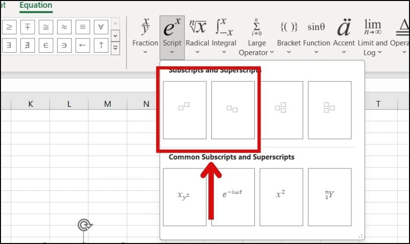 Chọn kiểu số mũ trên hoặc dưới cần viết trong Excel