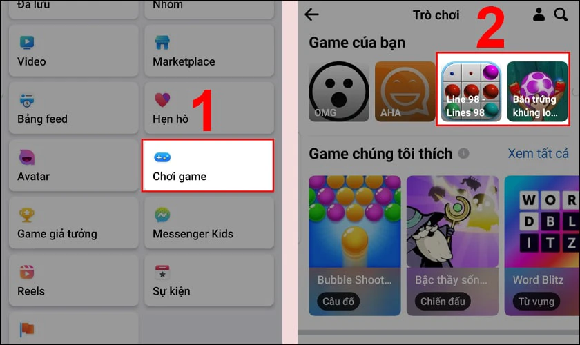Chọn mục Chơi game và chọn trò chơi