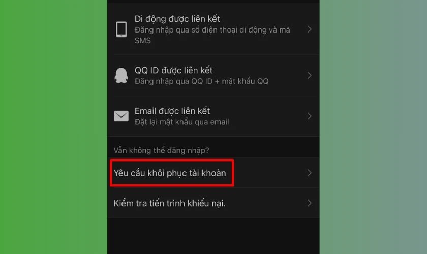Nhấn chọn Y&ecirc;u cầu kh&ocirc;i phục t&agrave;i khoản