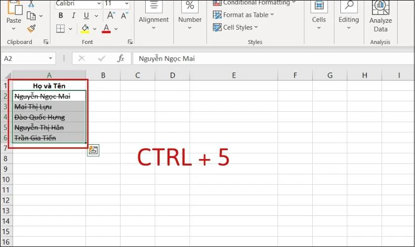 Tổ hợp phím gạch ngang chữ trong Excel