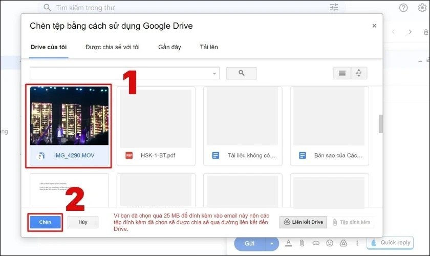 Chọn file có dung lượng lớn và chọn Chèn