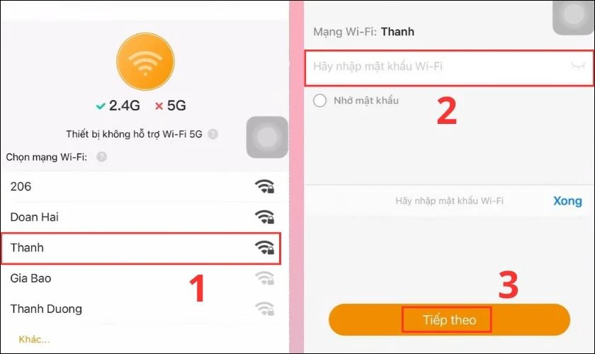 Khi chọn xong th&igrave; bạn nhập mật khẩu Wi-Fi rồi bấm Tiếp theo