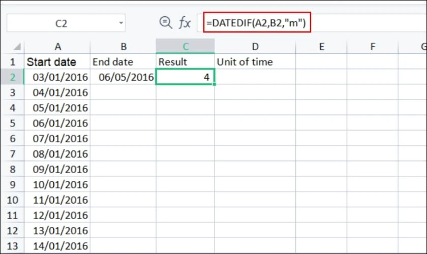 Công thức hàm Date tính số tháng chênh lệch trong Excel 