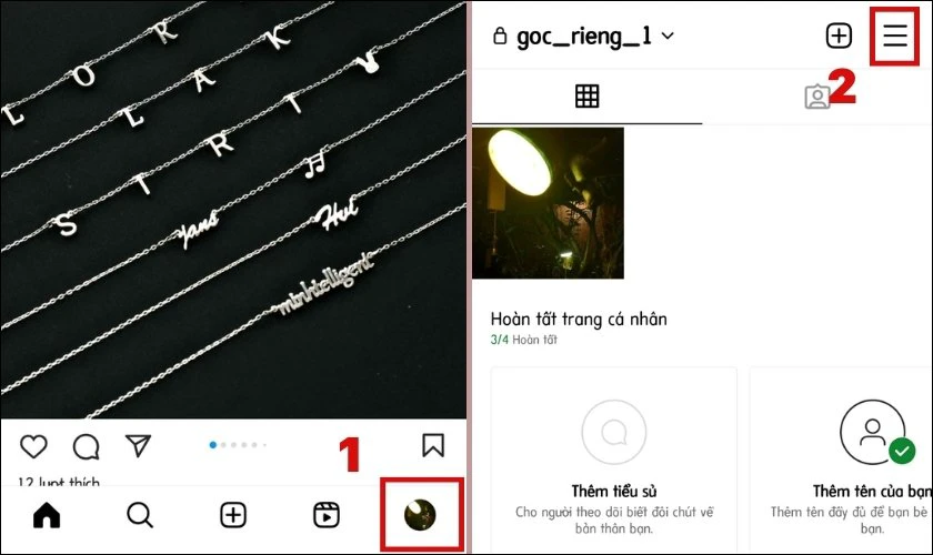 Chọn biểu tượng c&aacute; nh&acirc;n v&agrave; chọn biểu tượng ba gạch