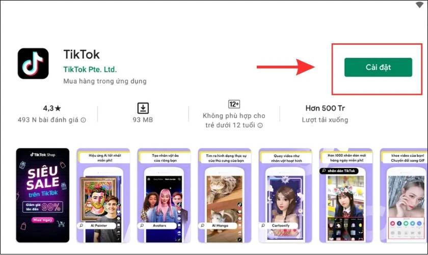 T&igrave;m kiếm ứng dụng TikTok v&agrave; nhấn n&uacute;t C&agrave;i đặt
