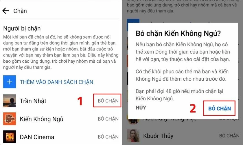 Nhấp v&agrave;o Bỏ chặn b&ecirc;n cạnh trang c&aacute; nh&acirc;n m&agrave; bạn muốn bỏ chặn