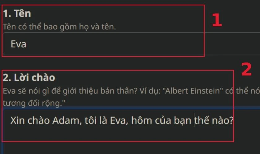 Đổi t&ecirc;n v&agrave; nhập một lời ch&agrave;o cho nh&acirc;n vật Character AI
