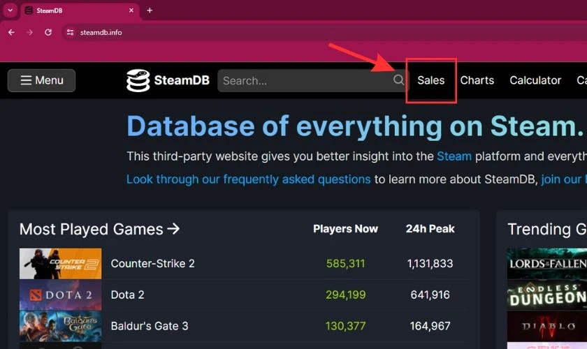 Sử dụng danh s&aacute;ch game giảm gi&aacute; tr&ecirc;n SteamDB.Info