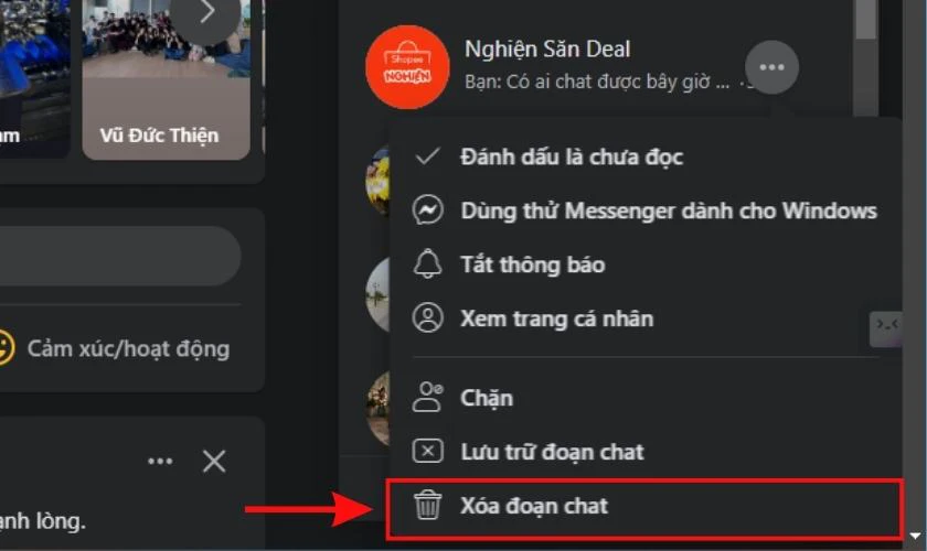 Chọn v&agrave;o mục X&oacute;a đoạn chat