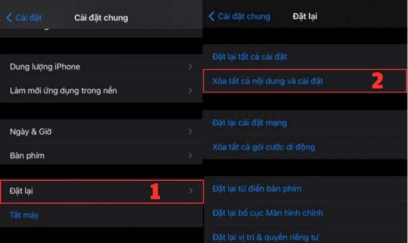 Chọn Đặt lại và Xóa tất cả nội dung và cài đặt