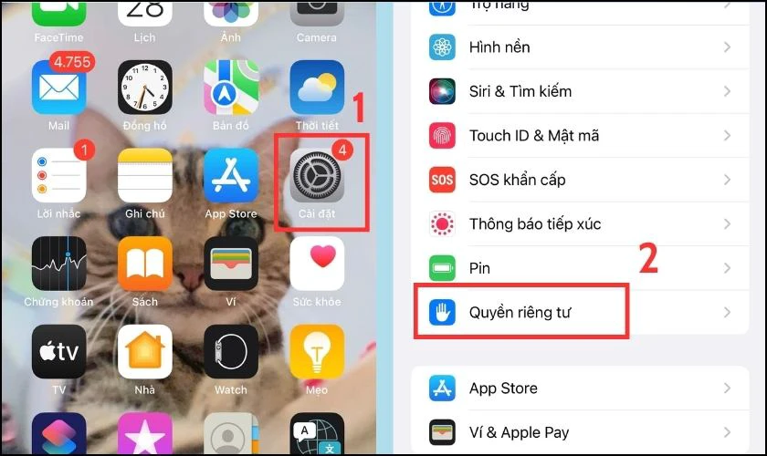 Bạn v&agrave;o mục Quyền ri&ecirc;ng tư trong C&agrave;i đặt