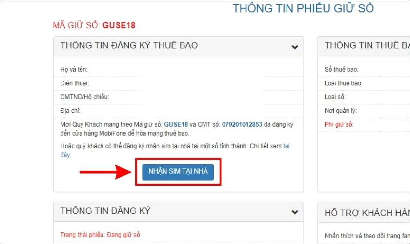 Chọn v&agrave;o n&uacute;t NHẬN SIM TẠI NH&Agrave;